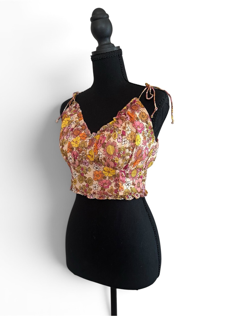 Patrons of Peace Floral Tie-Shoulder Crop Camisole - Pink, Yellow & Orange